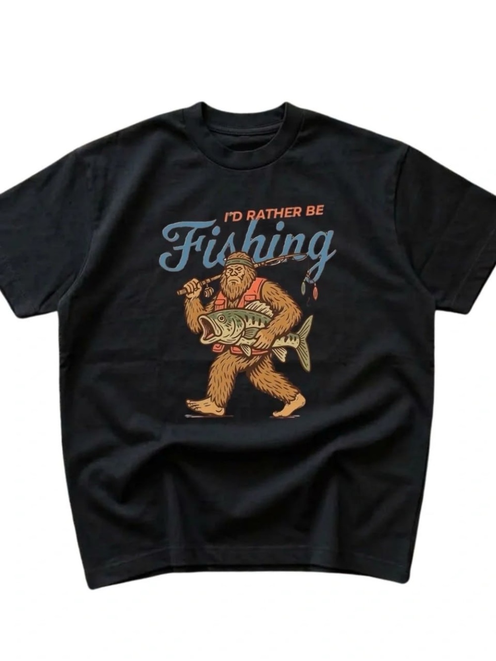 Black Tee with Blue and Orange Fishing Graphic